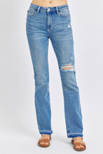 Load image into Gallery viewer, Judy Blue Mid Rise Destroyed Hem Distressed Blue Denim Jeans