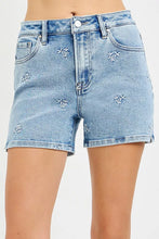 Load image into Gallery viewer, RISEN High Rise Denim Shorts with Embroidered Detail
