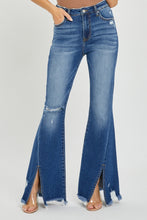 Load image into Gallery viewer, RISEN High Rise Front Slit Frayed Hem Flared Leg Blue Wash Denim Jeans