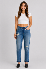 Load image into Gallery viewer, Judy Blue Mid Rise Patch & Repair Destroy Release Hem Boyfriend Jeans