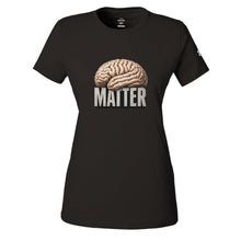 Cargar imagen en el visor de la galería, A black short-sleeve crewneck t-shirt featuring a graphic of a beige brain above the word 'MATTER' in bold white letters, displayed on a clean white background.