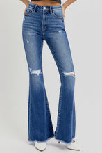Load image into Gallery viewer, RISEN High Rise Distressed Raw Hem Flared Leg Blue Denim Jeans
