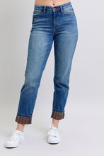 Load image into Gallery viewer, Judy Blue Plaid Cuffed Blue Denim Straight Leg Jeans
