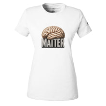 Cargar imagen en el visor de la galería, A white short-sleeve crewneck t-shirt featuring a graphic of a realistic beige brain above the word 'MATTER' in bold black letters, shown on a plain white background.
