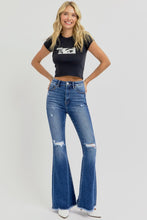 Load image into Gallery viewer, RISEN High Rise Distressed Raw Hem Flared Leg Blue Denim Jeans
