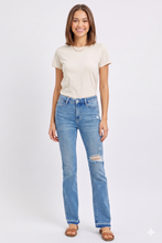 Load image into Gallery viewer, Judy Blue Mid Rise Destroyed Hem Distressed Blue Denim Jeans
