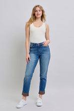 Load image into Gallery viewer, Judy Blue Plaid Cuffed Blue Denim Straight Leg Jeans

