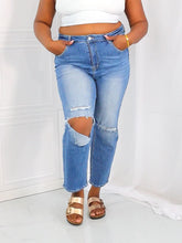 Загружайте и воспроизводите видео в средстве просмотра галереи RISEN Emily High Rise Destroyed Straight Leg Relaxed Fit Cropped Blue Denim Jeans
