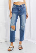 Загрузить изображение в средство просмотра галереи, RISEN Emily High Rise Destroyed Straight Leg Relaxed Fit Cropped Blue Denim Jeans
